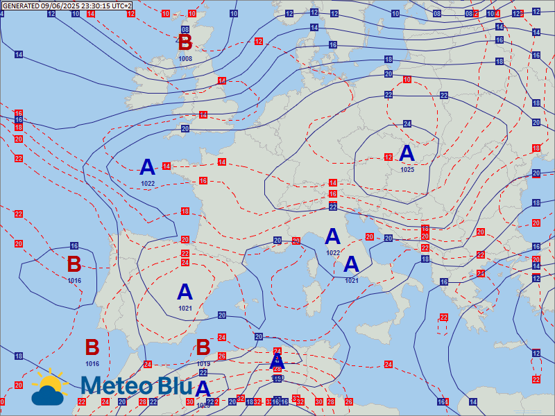 Analisi al suolo Questa mappa rappresenta i campi di alta pressione e bassa pressione con le isobare (step di 2 mB) e i campi termici con indicazione delle isoterme al suolo (step di 4 gradi Celsius).